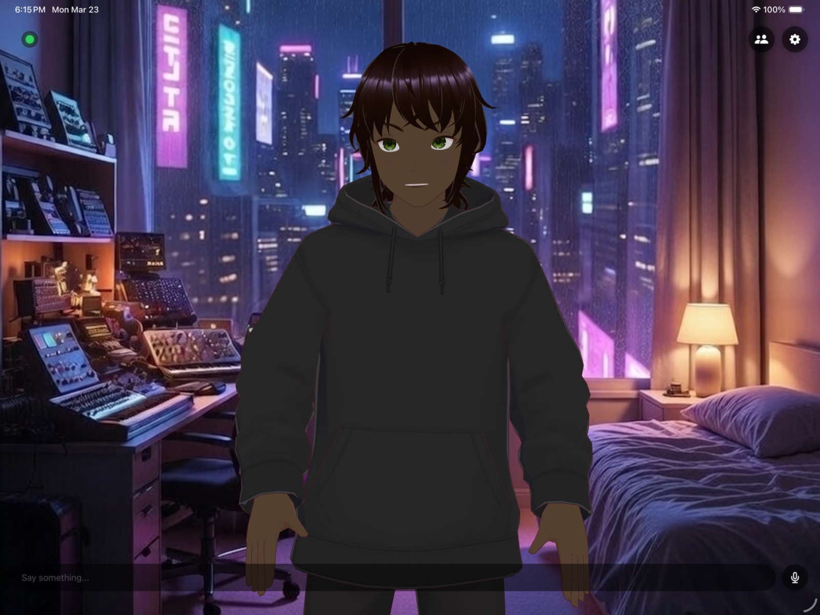 Chitin avatar in a city apartment at night